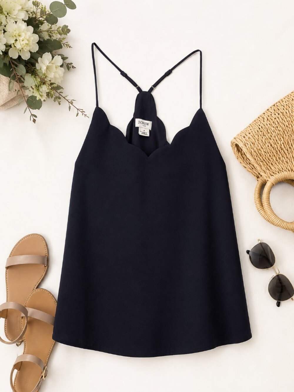 J.Crew Navy Scalloped Tank Top Size 2 Sleeveless Racerback Cami